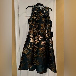 Adrianna Papell Hunter and Gold Ruffle Jacquard Cocktail Dress